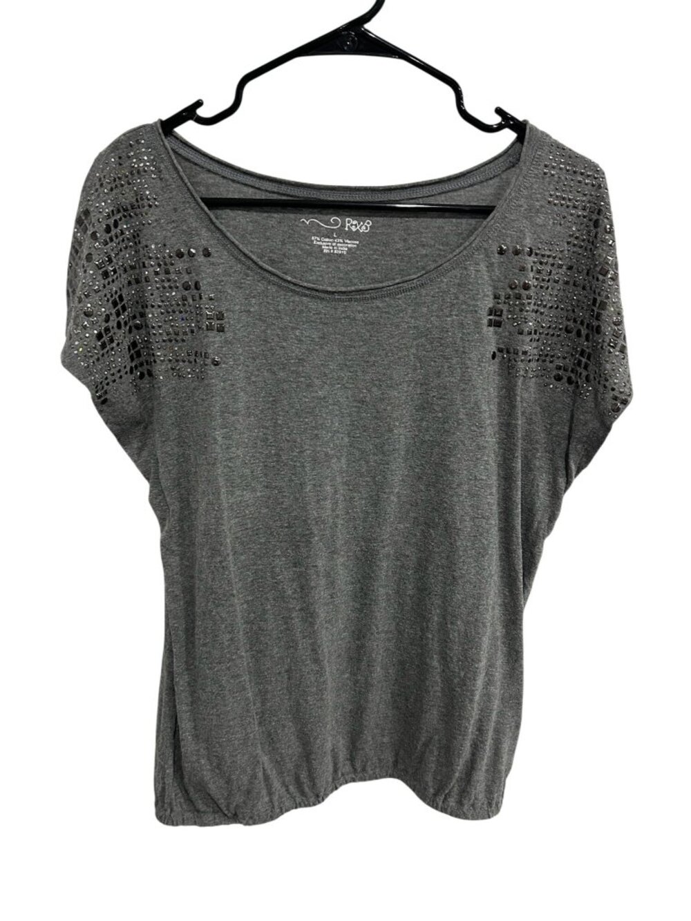 RXB Womens Gray Embellished Elastic Hem Top Size L Minimalist Nostalgia Core